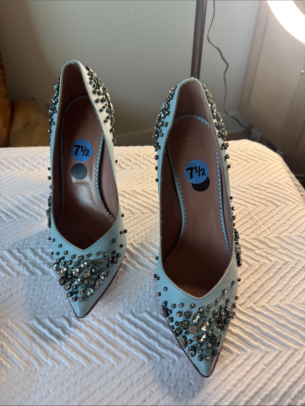 RED Valentino Pale Blue Crystal-Studded Pointed Toe Pumps